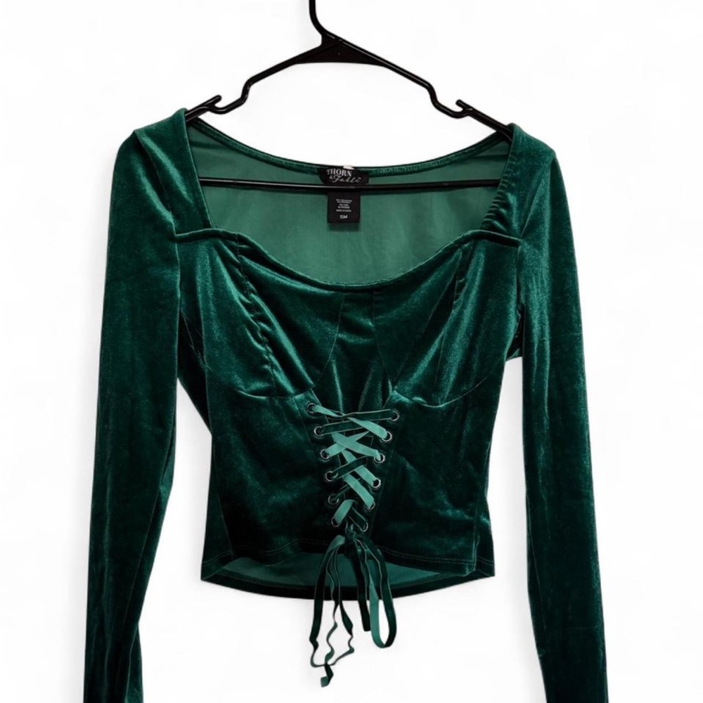 Thorn and Fable Green Velvet Lace-Up Top